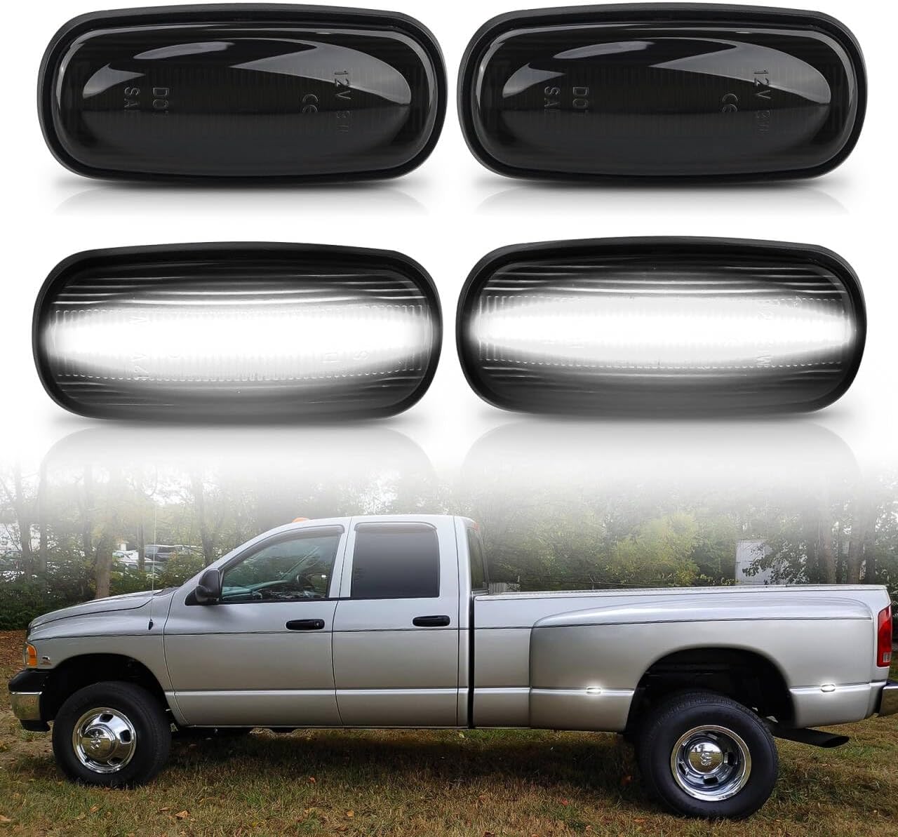 Bestview LED Dually Side Marker Lights for 2003-2009 Dodge Ram 2500 3500, White Front&Rear Bumper Fender Bed Lamp Assembly Kit accessories,Smoked Lens(Pack of 4)