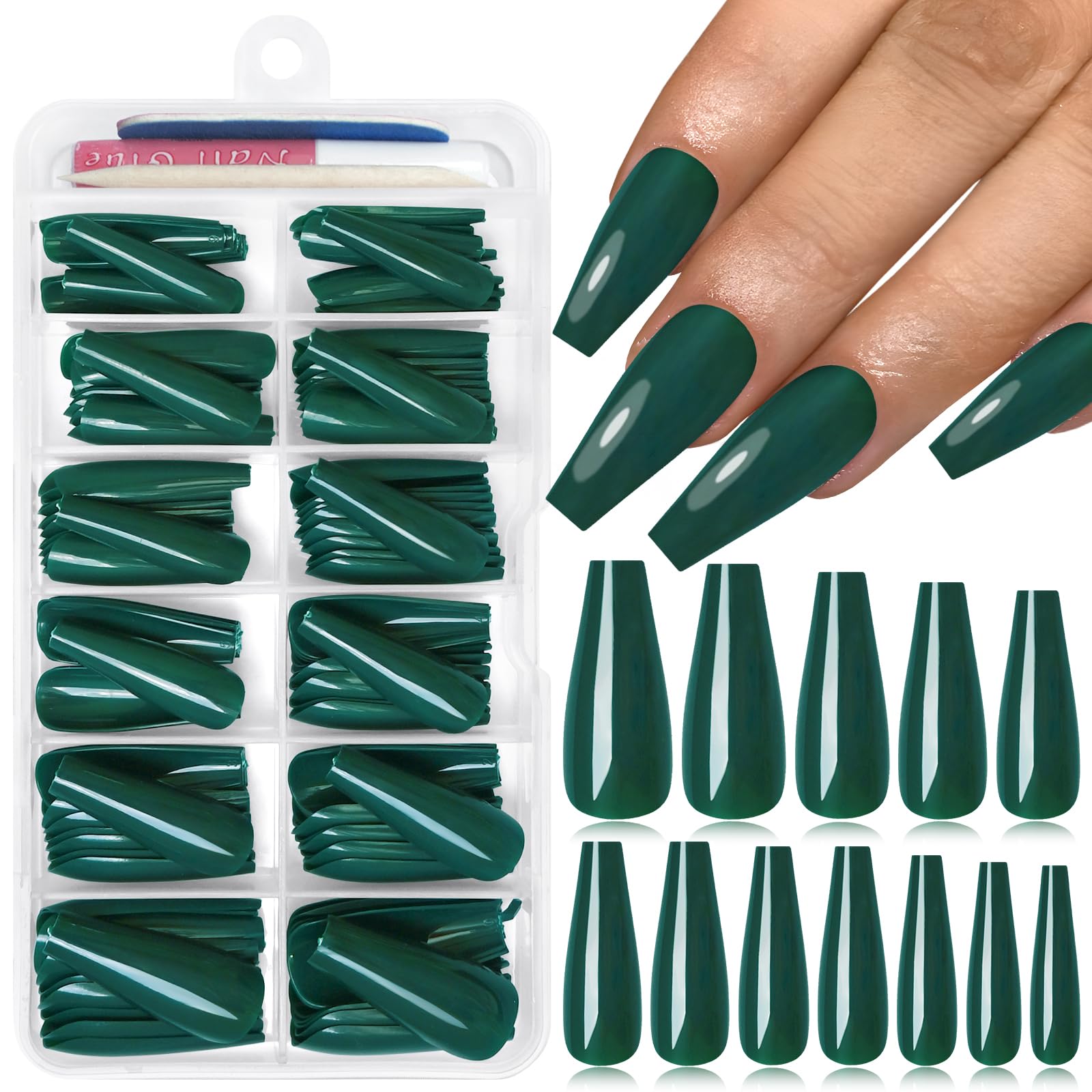 Lifextol 120PC Green Coffin Press on Nails Long Fake Nails Press ons with Glue Nail Adhesive Tabs, 12 Sizes Long Acrylic Nails Press on Nails Coffin