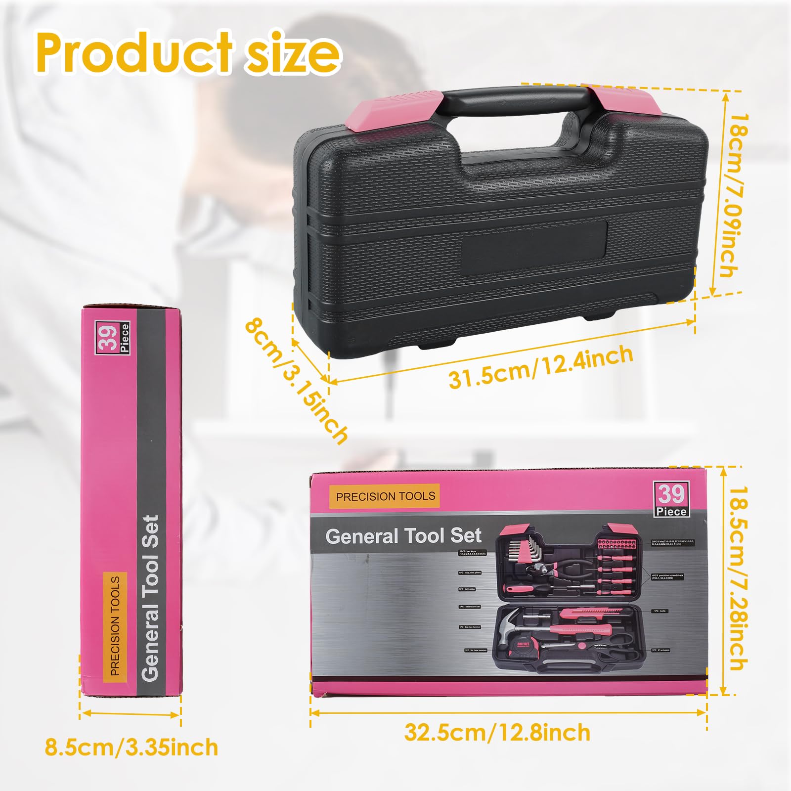 General Household Hand Tool Kit 39Pcs Home Repair Tool Set Pink Tool Kit Box Drill Set Multifunctional Home Tool Kit Set Portable Auto Repair Tool Kit with Plastic Toolbox Hand Tool Set for DIY Repair — view 7