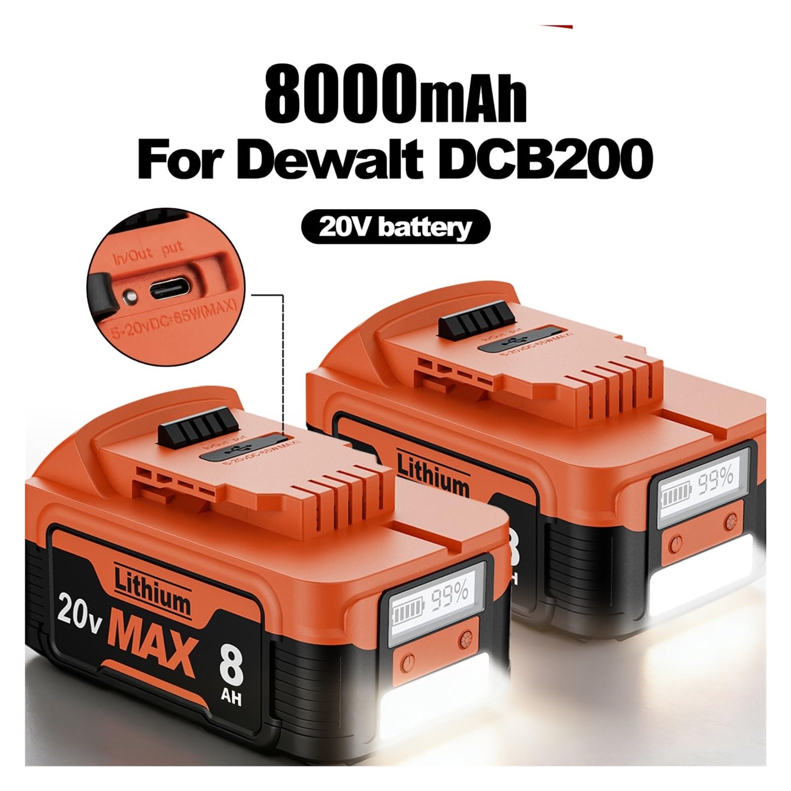 Compatibile con DeWalt la batteria ricaricabile agli ioni di litio ad alta capacità da 20 V 8,0 Ah, batteria for utensili DCB200, DCB206, DCB184 con display(4pcs)