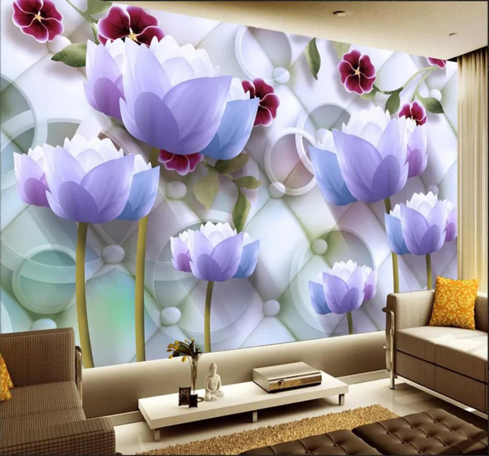Wallpaper-3D-Xlm 400Cm×280Cm(B×H) Elegant Purple Lotus Circular Upholstered 3D Wallpaper Easy Install Feature Office Living Room Sofa Bedroom Tv Background Wall Decoration-400Cm×280Cm