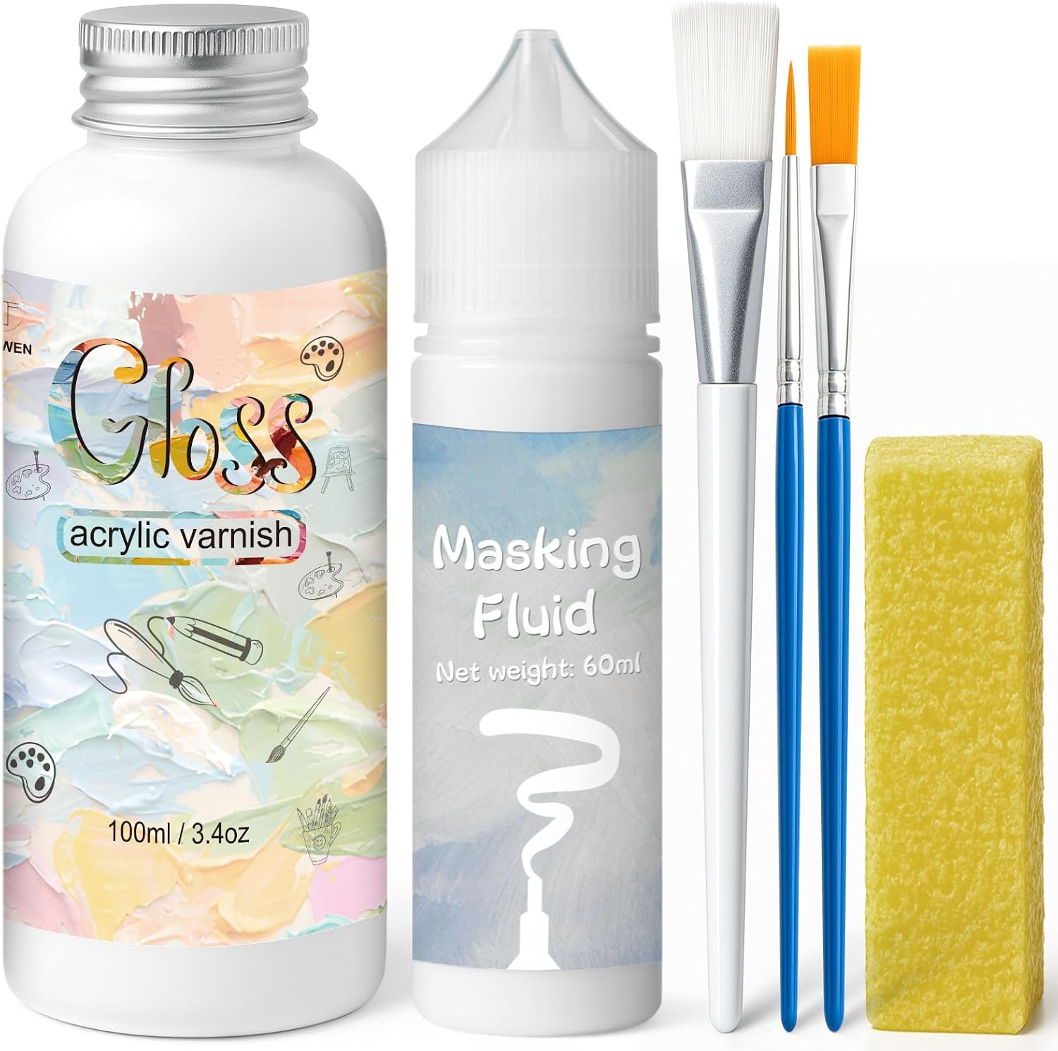 EIGTWEN Art Masking Fluid and Gloss Varnish for Acrylic Painting, It Prevents Paint from Adhering to The Masking Area,Easily Removable, Leaving No Residue