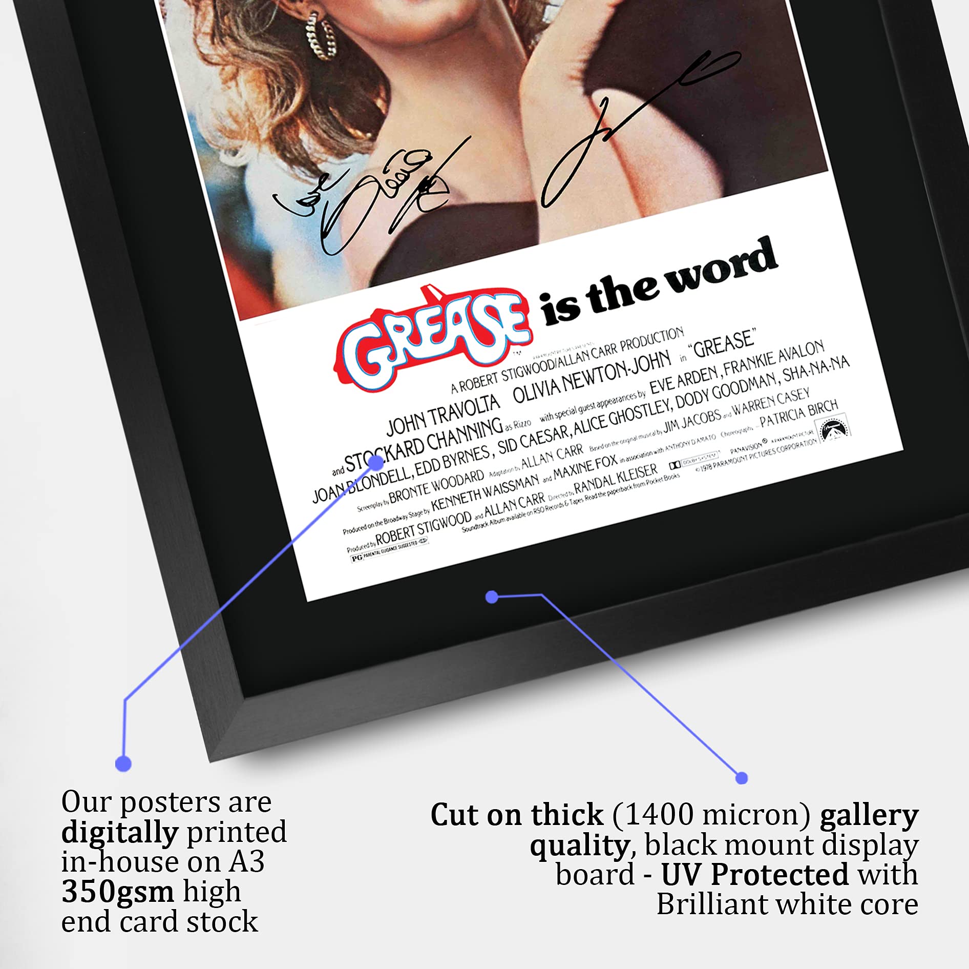 Quadro Con Foto A3 Incorniciata Di Grease - Stampa Con Firma Autografata Di Olivia Newton-John E John Travolta - Cimelio Per Fan