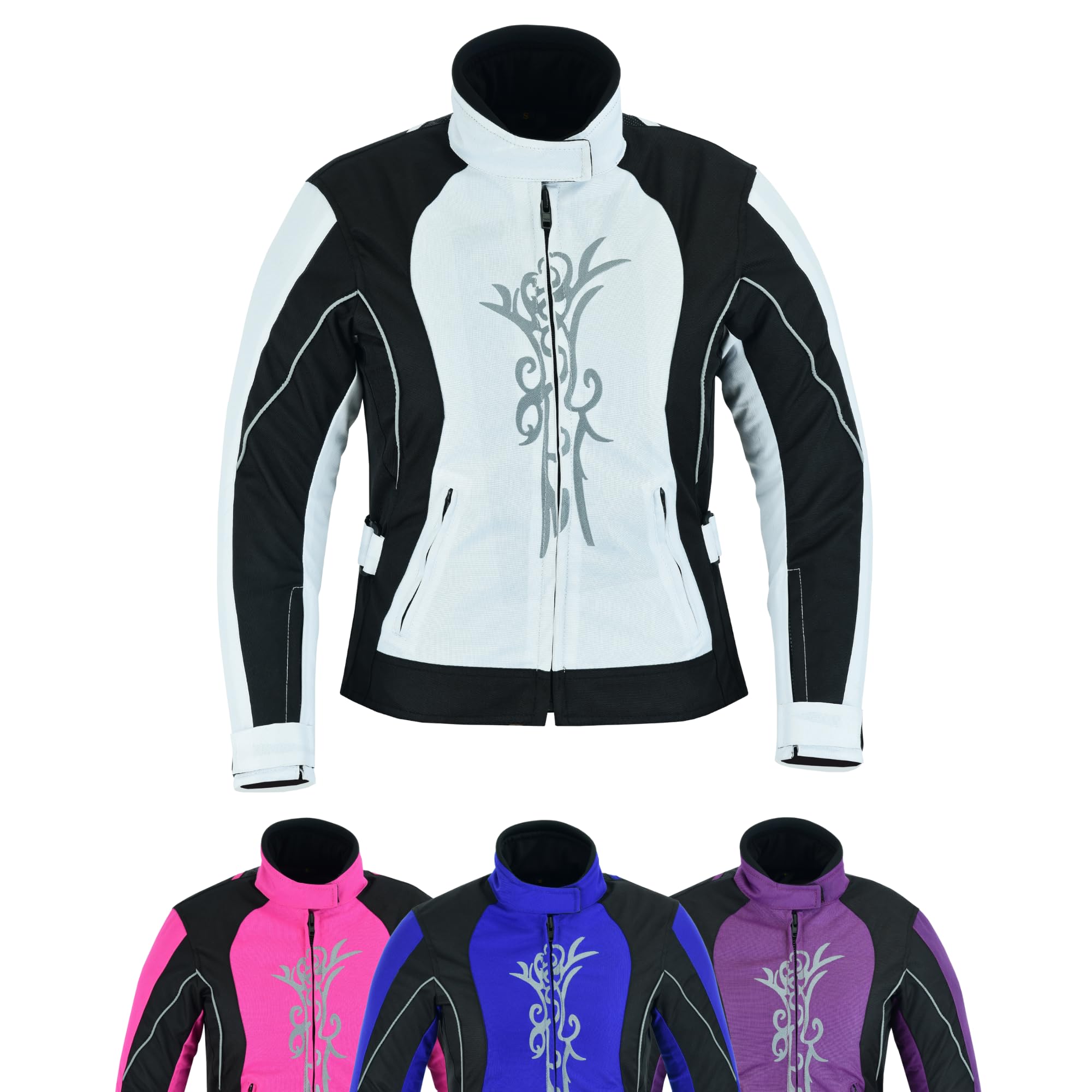 warrior gears Women's Graphic Embroidery Motorcycle Jacket, Waterproof Jacket for Women, Biker Jackets for Outdoor, Girls CE Armored Motorbike Top, Protective Gear (White, 4XL)