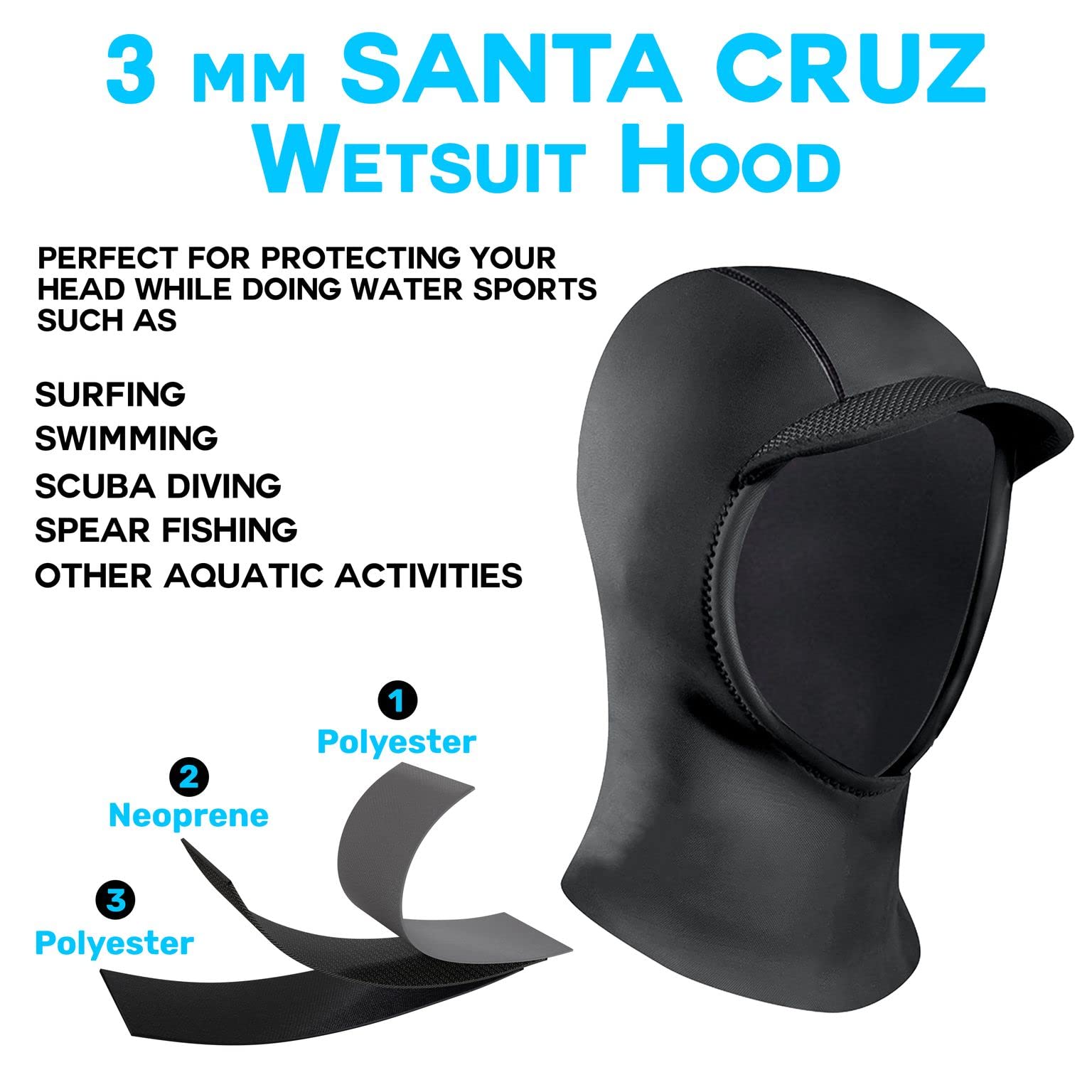 Amazon.com : H2ODYSSEY Santa Cruz 3mm Unisex Surf Hood - Black