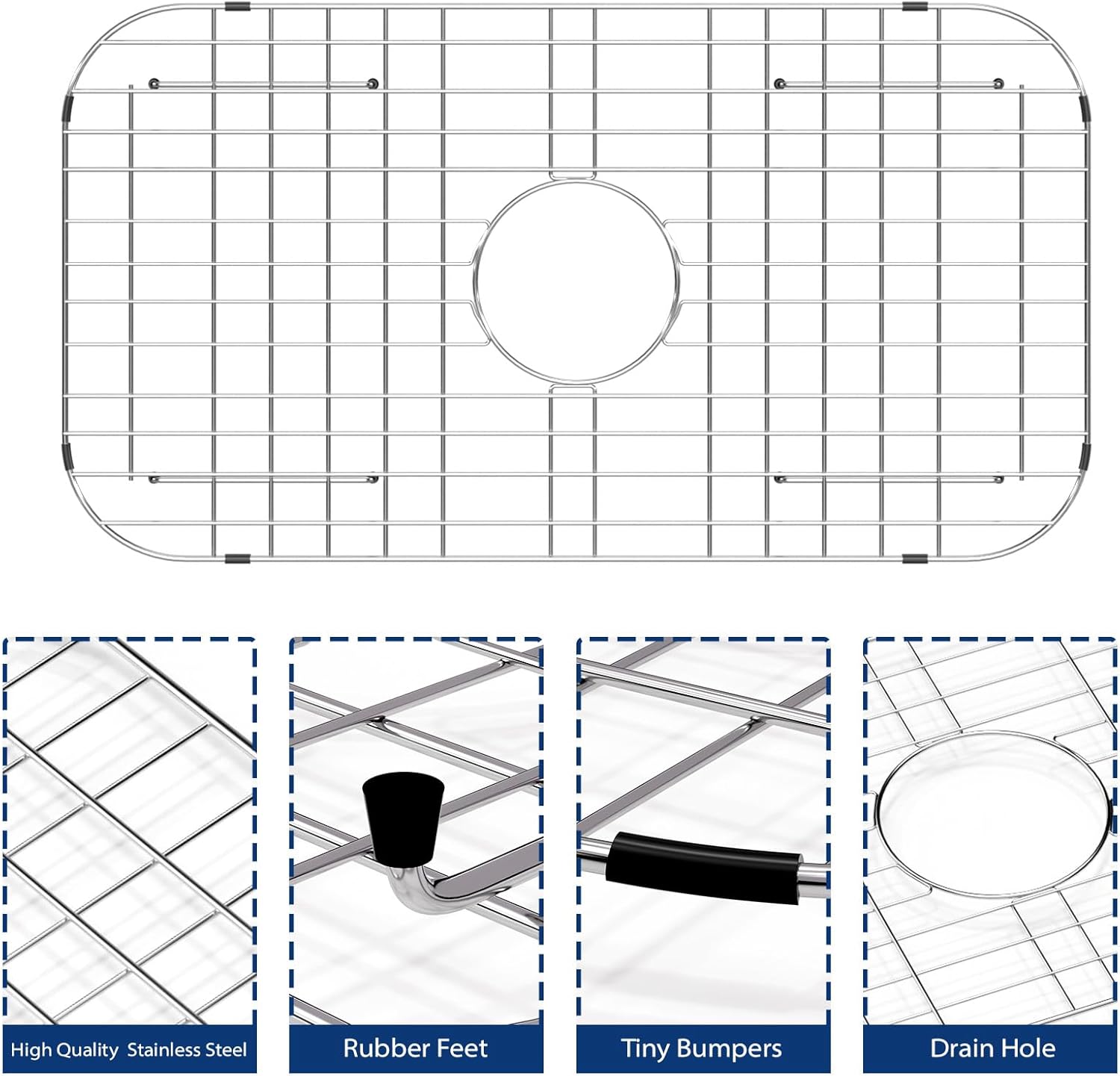 Sarlai Sink Protectors Grid, Stainless Steel Sink Grate for Bottom of Kitchen Sink, 26" x 14-1/9" with Centered Drain 304 Premium Stainless Steel Protector Grid Grate Rack
