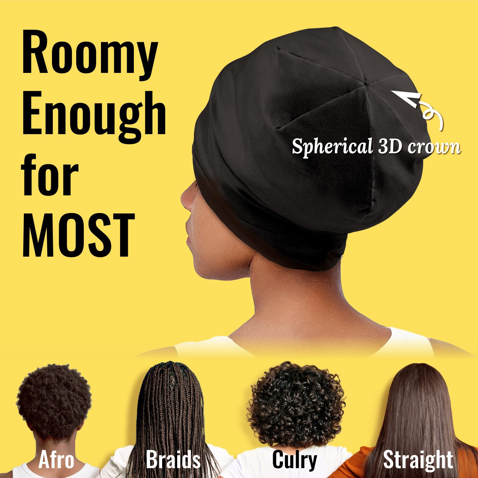 Gorro de dormir con forro de satén para cabello rizado y trenzas, abrigo de pelo para toda la noche con correa ajustable para mujeres y hombres, negro y gris, paquete de 2