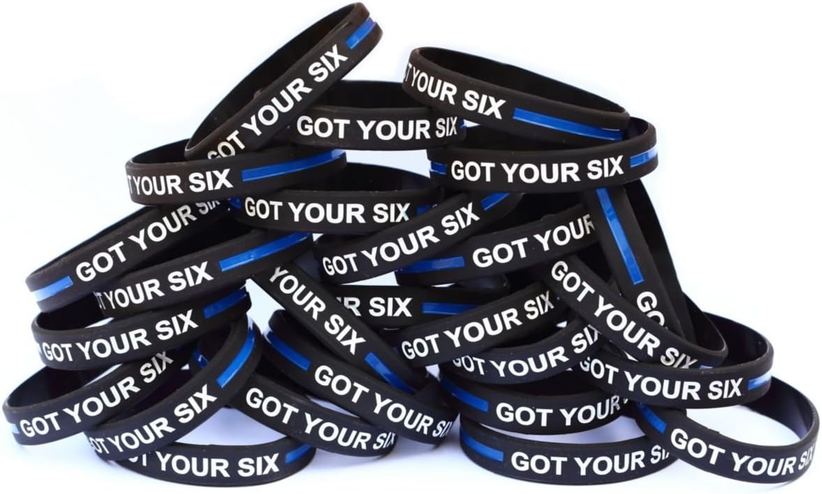 One Hundred (100) of Got Your Six Wristband Bracelets with Thin Blue Line