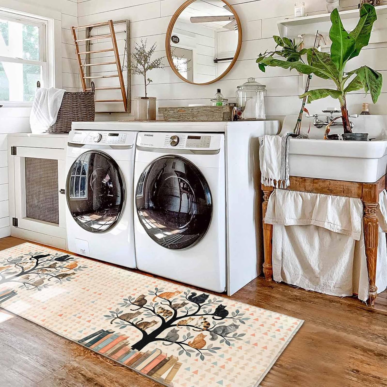 Kitchen Mats for Floor Cute Cats on Tree Books Washable Non Slip Kitchen Rugs 2PCS, Leaves Geometric Triangle Absorbent Standing Mats for Sink Bathroom Office Living Room 15.7x23.6in+15.7x47.2in