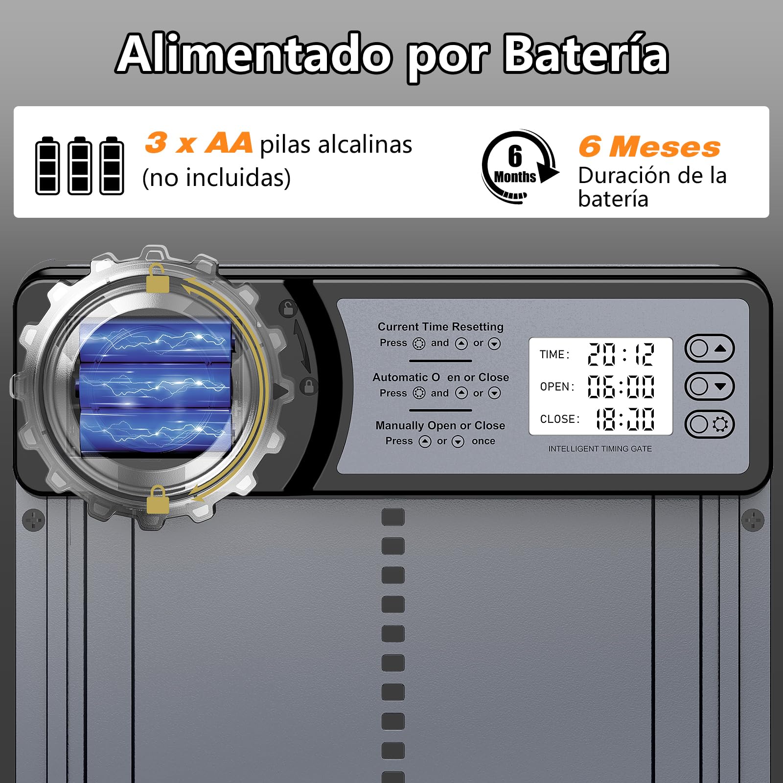CHAMUTY Puerta Gallinero Automatica con Pantalla LCD Grande, Puerta Automatica Gallinero Aleación de Aluminio con Temporizador, Manual, Anti-atrapamiento, Puertas Automaticas para Gallinero Batería