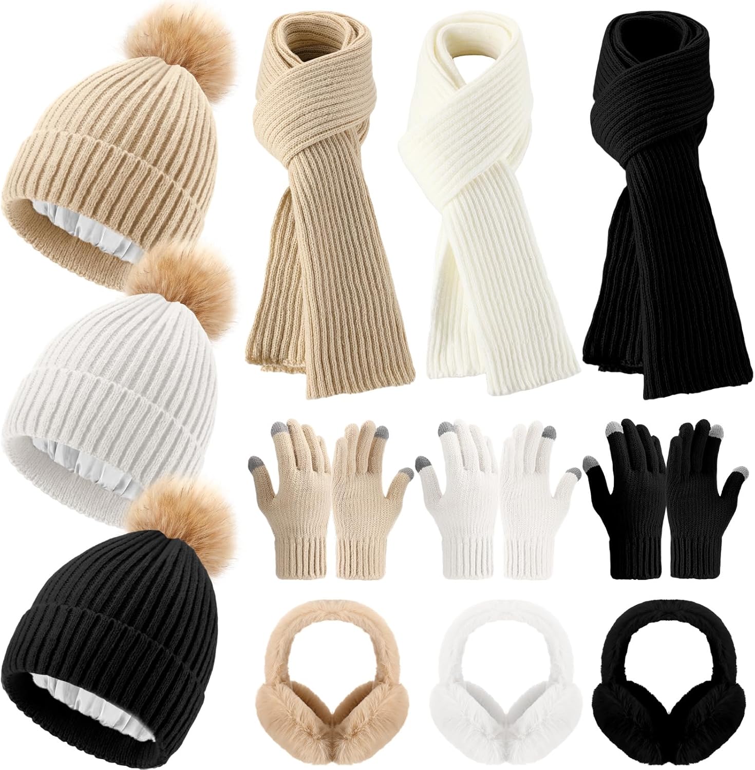 12 Pcs Winter Hat Gloves Scarf Earmuff Set Beanie Pompom Fleece Lining Hat Touch Screen Gloves Knitted Scarf