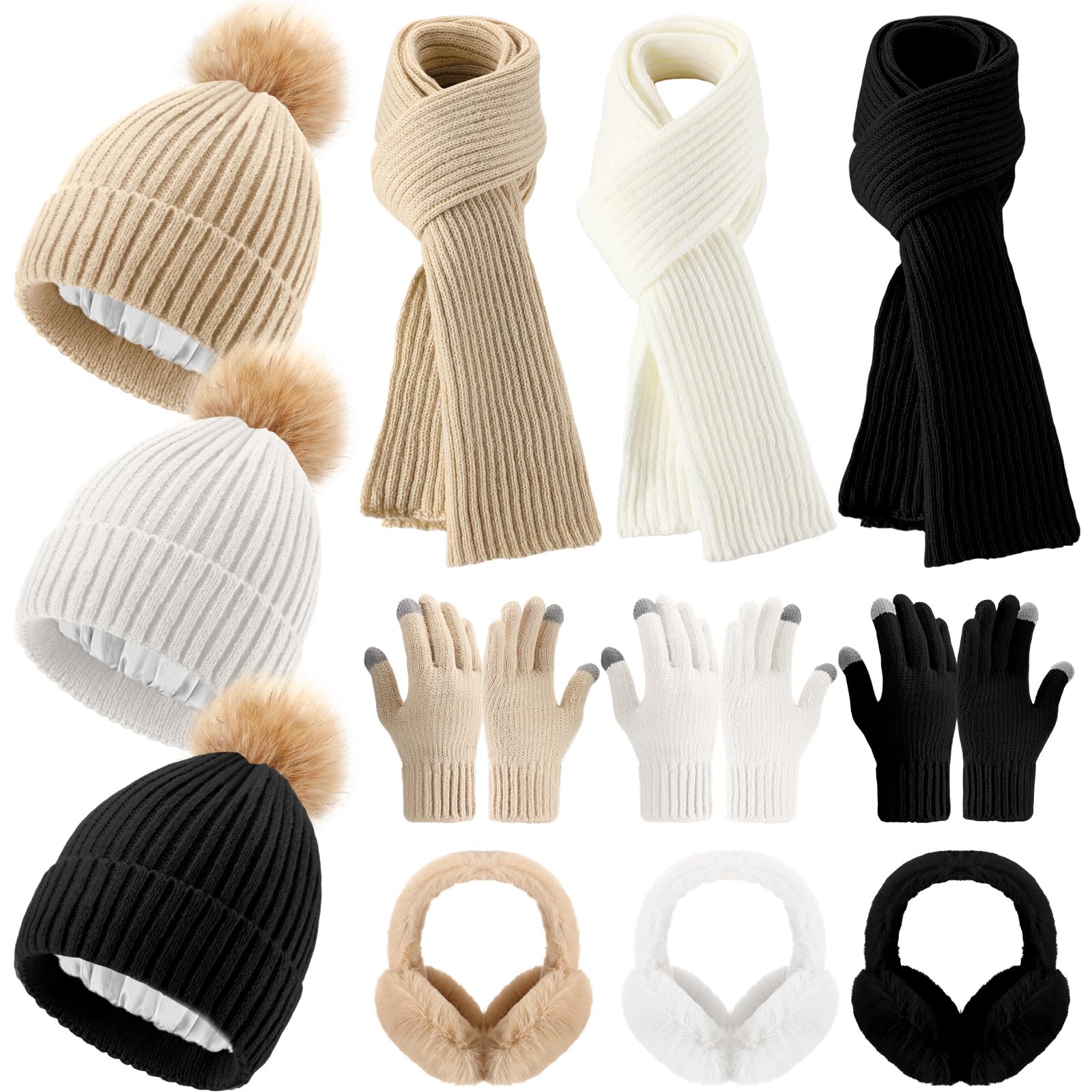 12 Pcs Winter Hat Gloves Scarf Earmuff Set Beanie Pompom Fleece Lining Hat Touch Screen Gloves Knitted Scarf-image-49