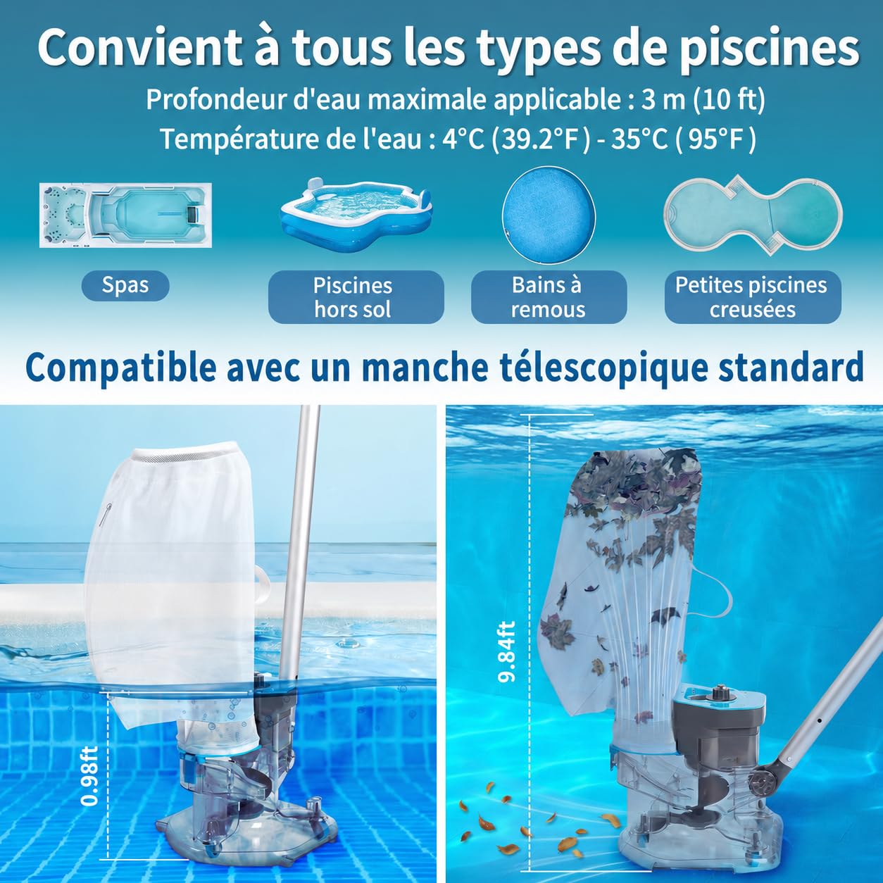 Aspirateur à Feuilles Piscine Rechargeable, Aspirateur Piscine sans Fil avec 2 Sacs Filtrants, Nettoyeur Électrique pour Feuilles et Débris, Piscines Hors Sol et Creusées