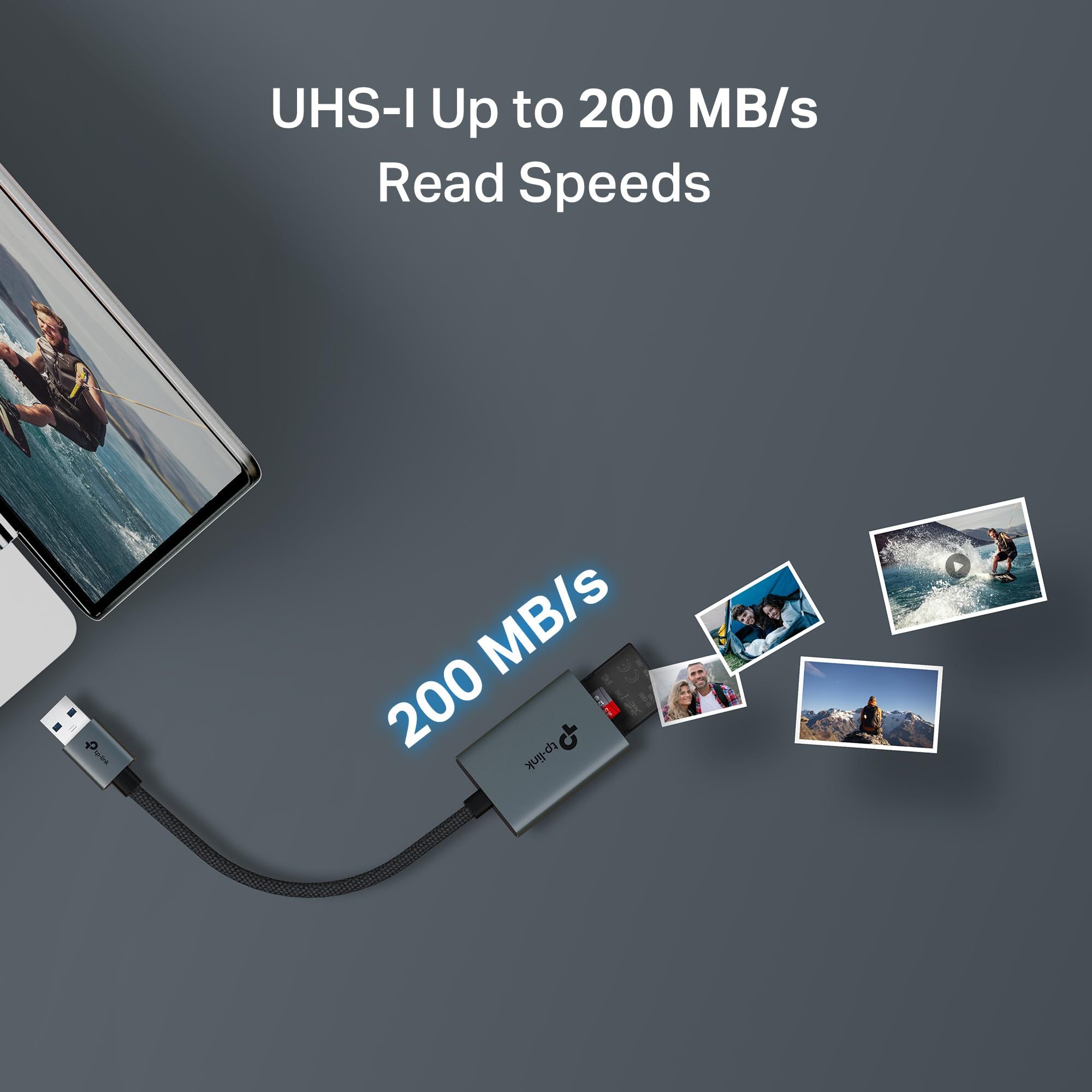 TP-Link Czytnik kart USB 3.0 SD i microSD (UA430) – podwójne gniazdo, 200 MB/s, Plug & Play, stop aluminium, pleciony kabel, kompatybilny z Windows, macOS, iPadOS, ChromeOS, Android