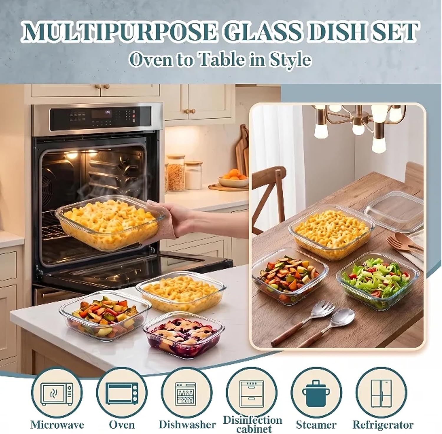 3 Pcs Square Glass Baking Dish Set (0.9L, 1.1L, 1.8L) Deep Baking Pan Stackable Bakeware with Handles Oven Dishwasher and Microwave Safe, 8x8 & 7x7 & 6x6 in with silicone heat-resistant gloves
