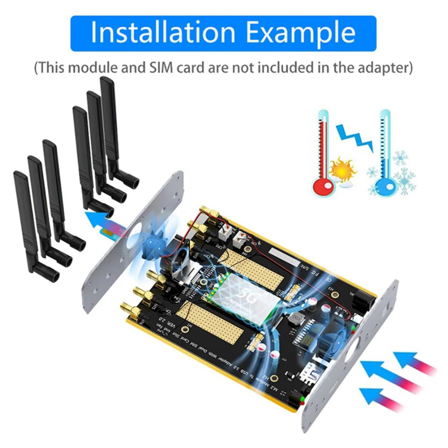 2X Adattatore NGFF da M.2 A USB 3.0 Riser per Scheda Wireless Doppia Ventola di Raffreddamento Slot per Scheda SIM per Modulo SIM/Micro-SIM/Nano SIM 4G 5G