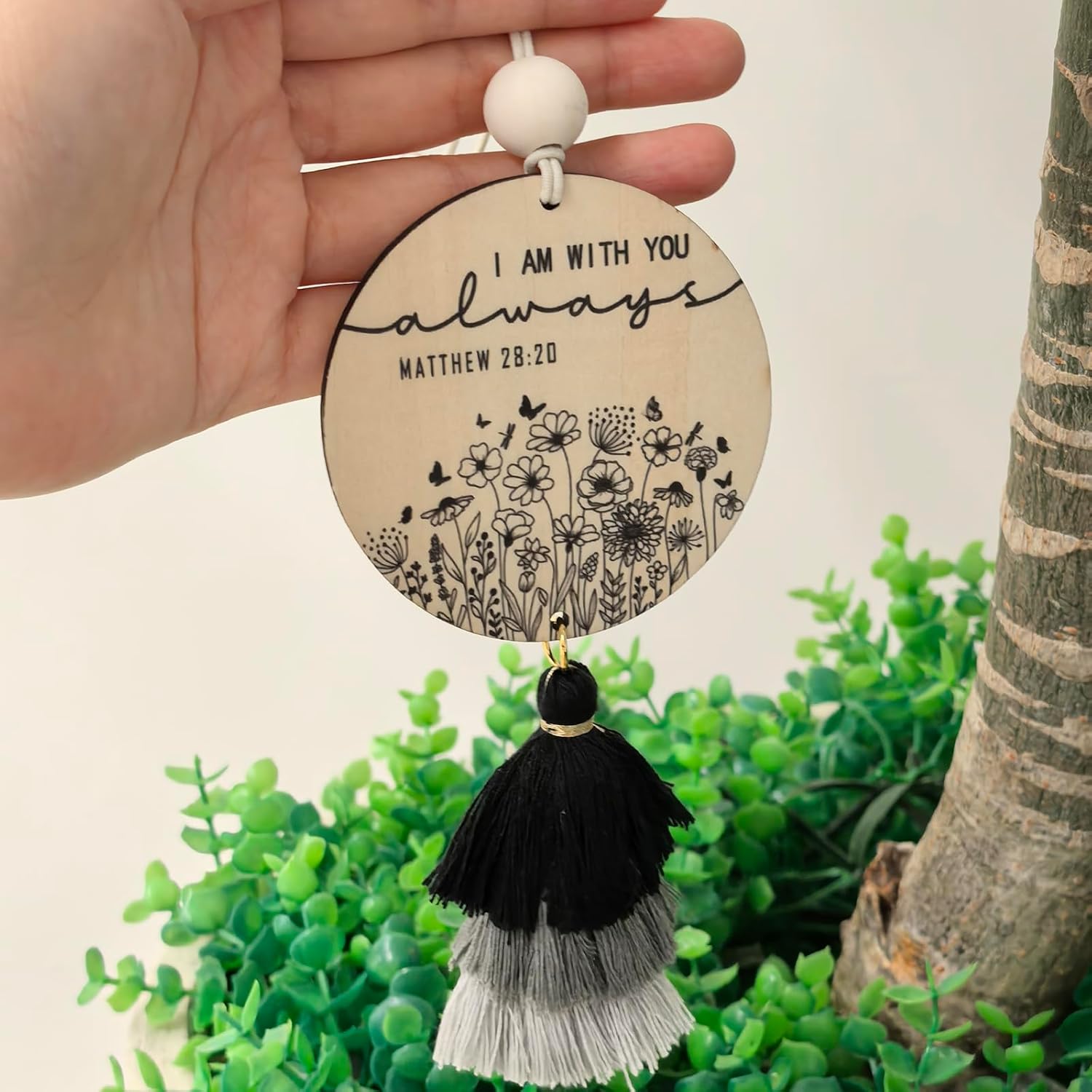 Christian Car Charm Gifts for Women Men, I am with You Always Rear View Mirror Hanger with Tassel Religious Car Hanging Ornament Accessories(Black) - Image 3