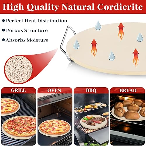 Miniatura 4 de Unokit Juego de piedras redondas para pizza de 13 pulgadas para horno y parrilla con estante de metal, juego de piedras para hornear de cordierita
