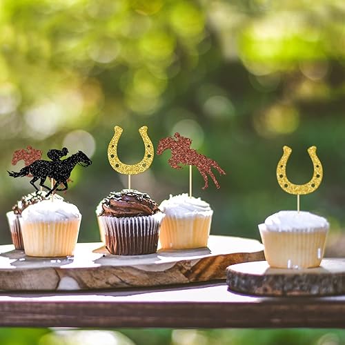 Miniatura 6 de BOOGIE BEAR Decoración para cupcakes ecuestres, 24 piezas (negro, dorado), ocasión de carreras de caballos, cartulina metálica con purpurina, 3.93 x