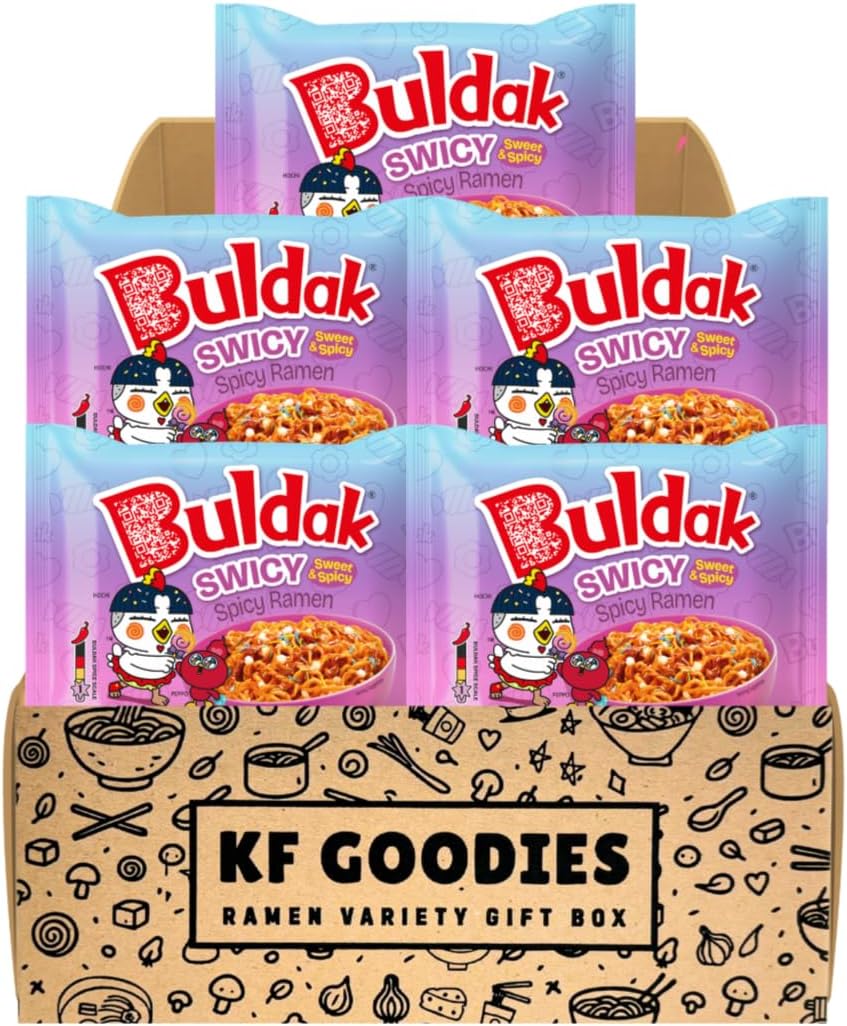 Korean Ramen Variety Pack Gift Box (5 Count) – Spicy Buldak Noodle Assortment for Birthdays, College Care Packages, Office Snacks, and Gift Baskets