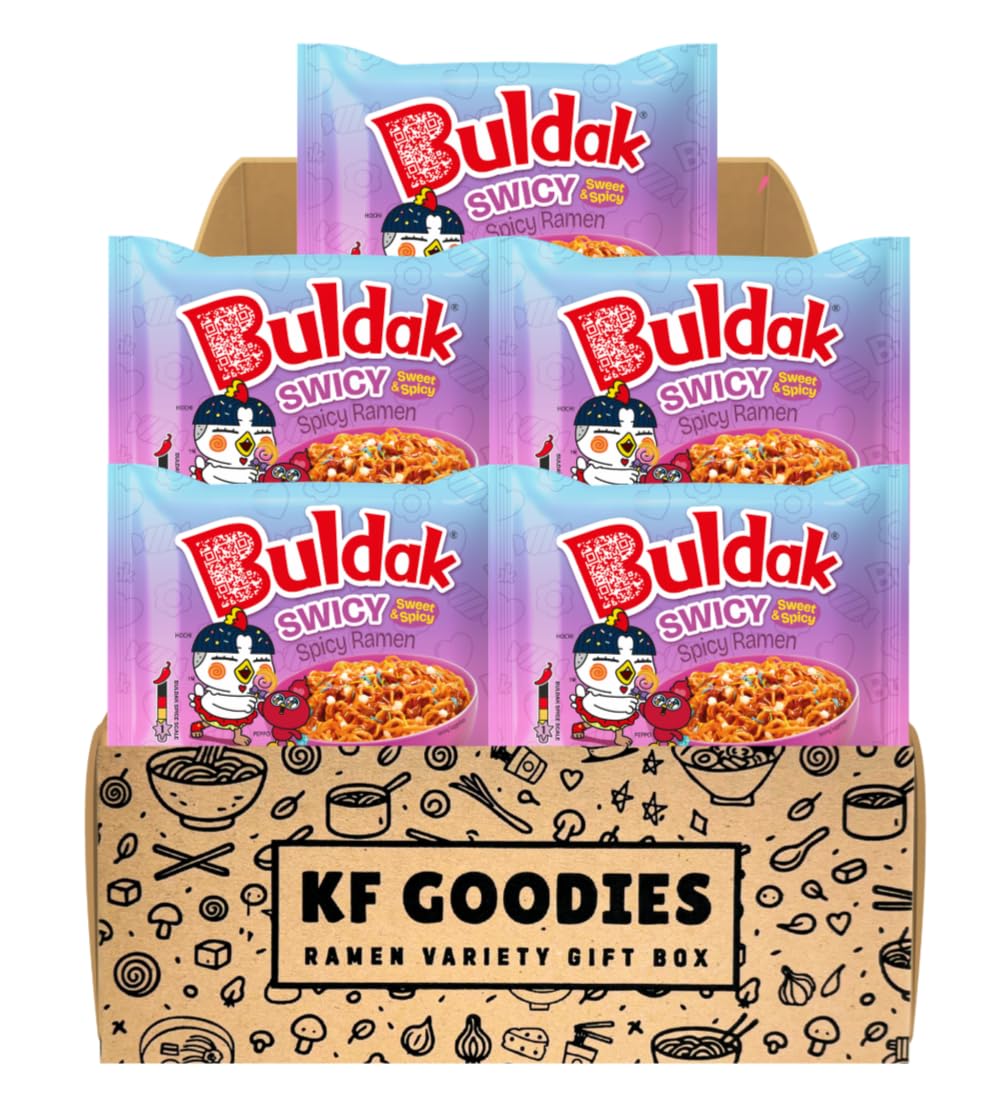 KF GOODIES Korean Ramen Variety Pack Gift Box (5 Count) – Spicy Buldak Noodle Assortment for Birthdays, College Care Packages, Office Snacks, and Gift Baskets