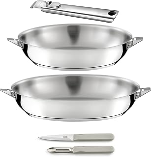 CUISINOX - Eclipse - Set cuisson et coutellerie - Poêles 24/28 cm inox, éplucheur et couteau office - Poignée amovible inox - Compatible tous feux dont induction