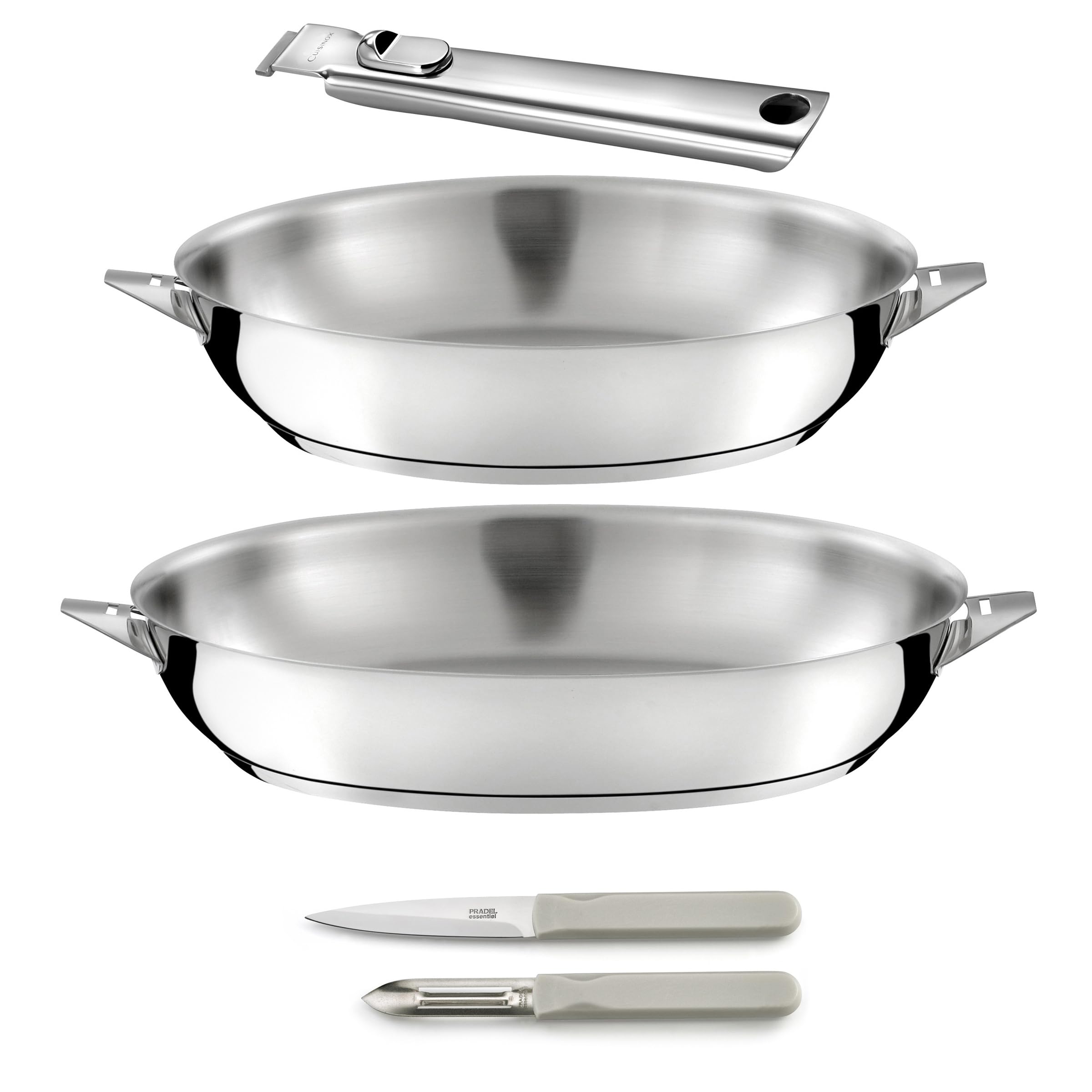 Cuisinox - Eclipse - Zestaw do pieczenia i sztućców - Patelnie 24/28 cm ze stali nierdzewnej, obieraczka i nóż biurowy - Zdejmowany uchwyt ze stali nierdzewnej - Nadaje się do wszystkich kuchenek, w
