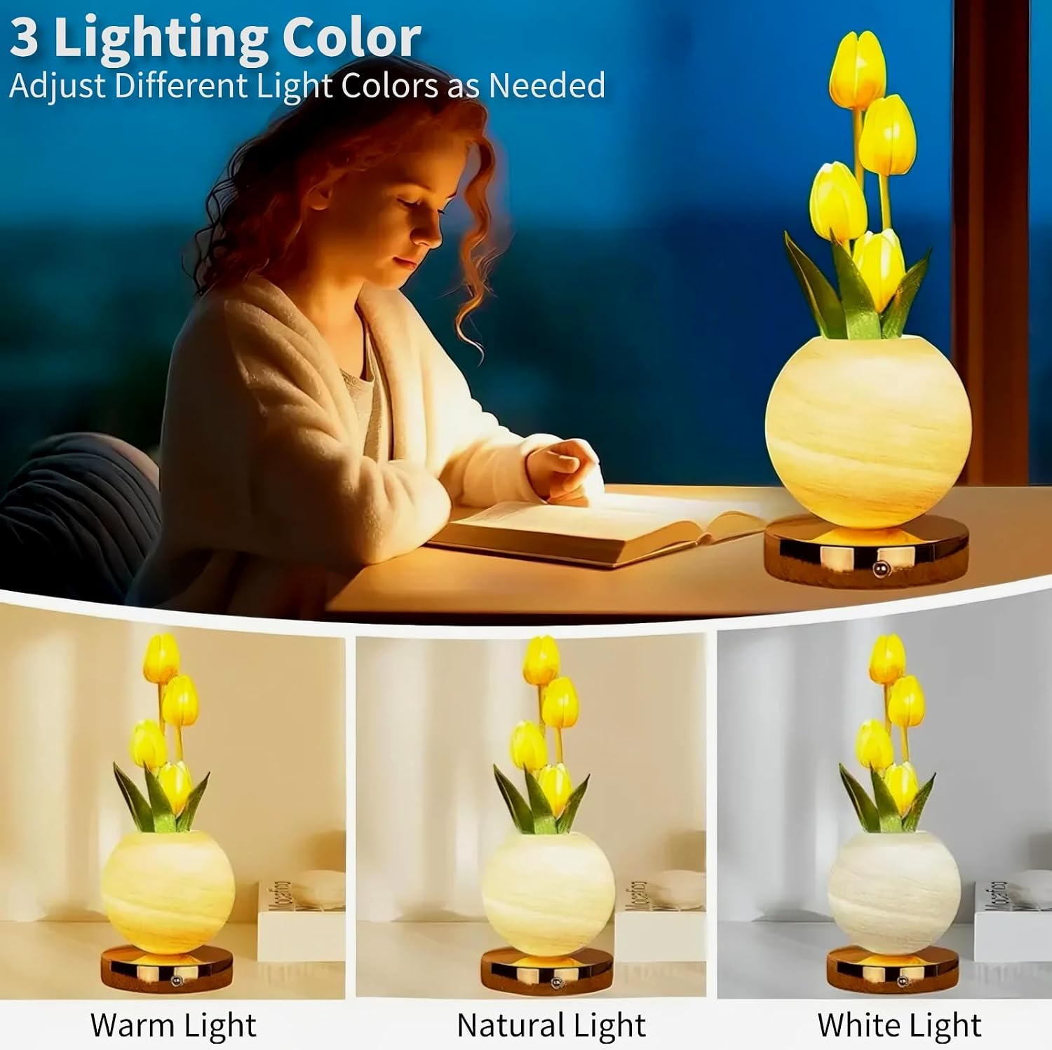 Tulip Table Lamp, Dimmable Touch Flower Bedside Lamp with 3 Color Temperatures USB Rechargeable Desk Lamp for Bedroom, Living Room,Girl Women Mom (Orange) image 2