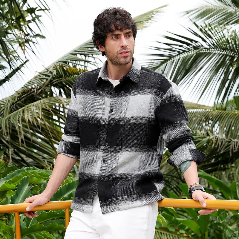 Image of CAHOOT MenShirt | Spread Collar, Long Single-Button Cuff Sleeves | Button, Straight Hem | Plaid Twill | Woven Fabric for Casual Coin Grey:Midnight Black