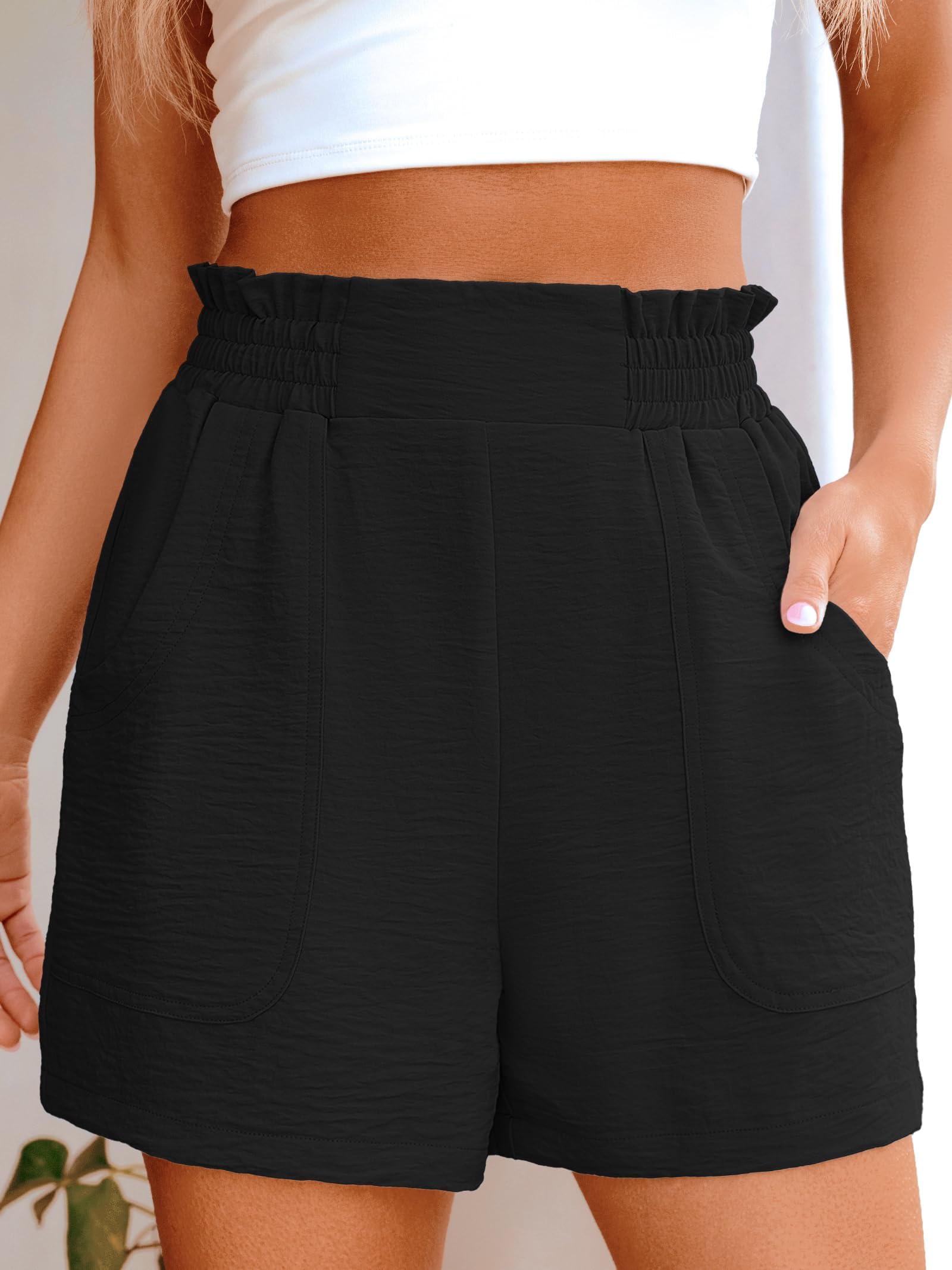 Shorts Damen Sommer Casual Kurze Hose High Waist Sommershorts Leicht Strandshorts Freizeit Shorts mit Taschen
