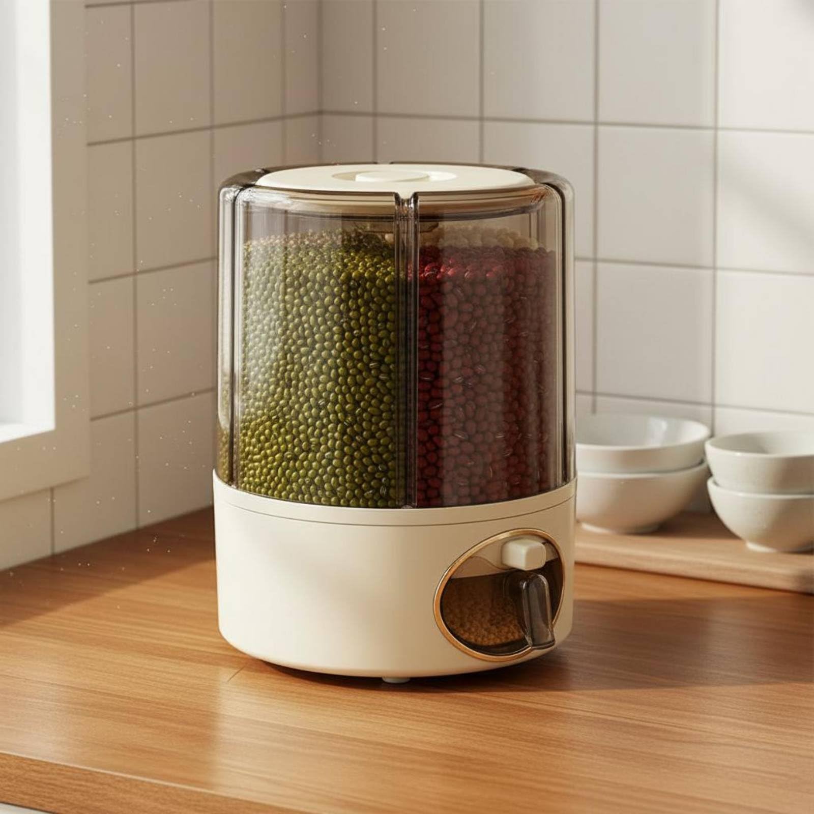 Yajuyi Dispenser di Cereali Contenitore Dosatore tore Organizer Rotante Compatto in PP Trasparente Struttura Sigillata Antiumidità Rotazione Fluida per, Cream, L