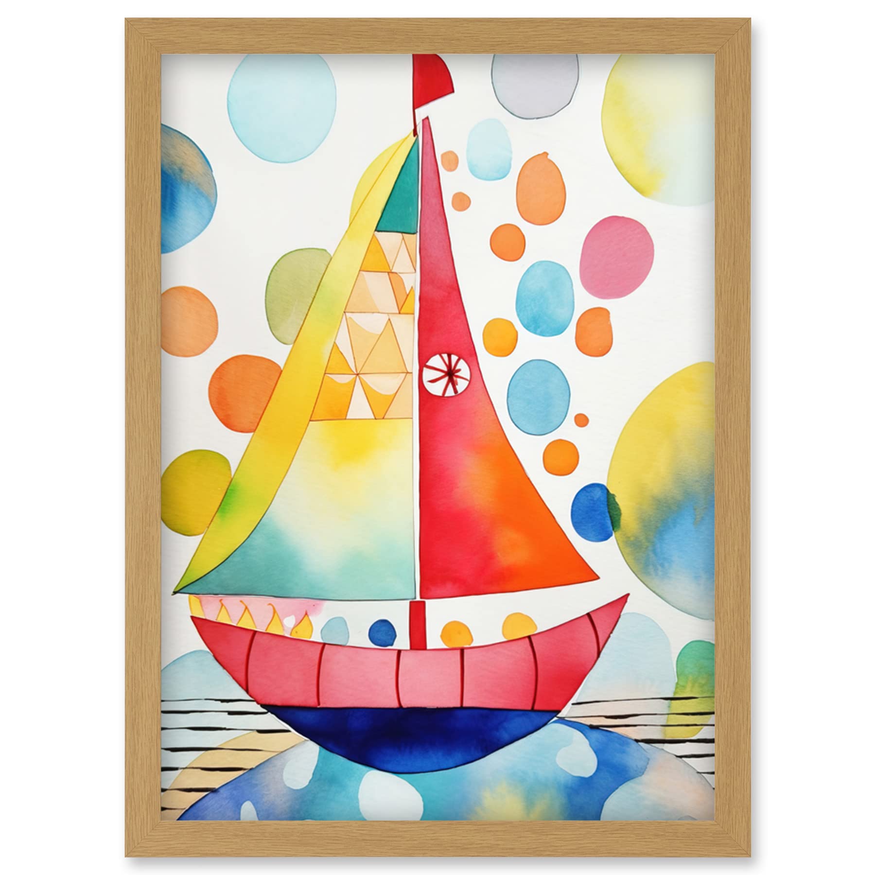 Artery8 Sailboat At Sunset Folk Art Artwork Framed Wall Art Print A4