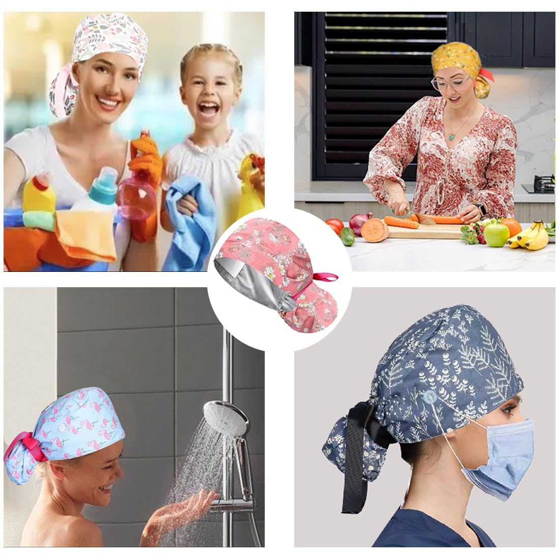 6PCS OP Hauben Damen mit Satinfutter, Verstellbar OP Haube Stoff mit Knopf, Pferdeschwanz Schrubben Kappe mit Baumwolle Schweißband, Arbeitskappe, Baumwolldruck Chirurgische, Satin Haarhaube Kochmütze