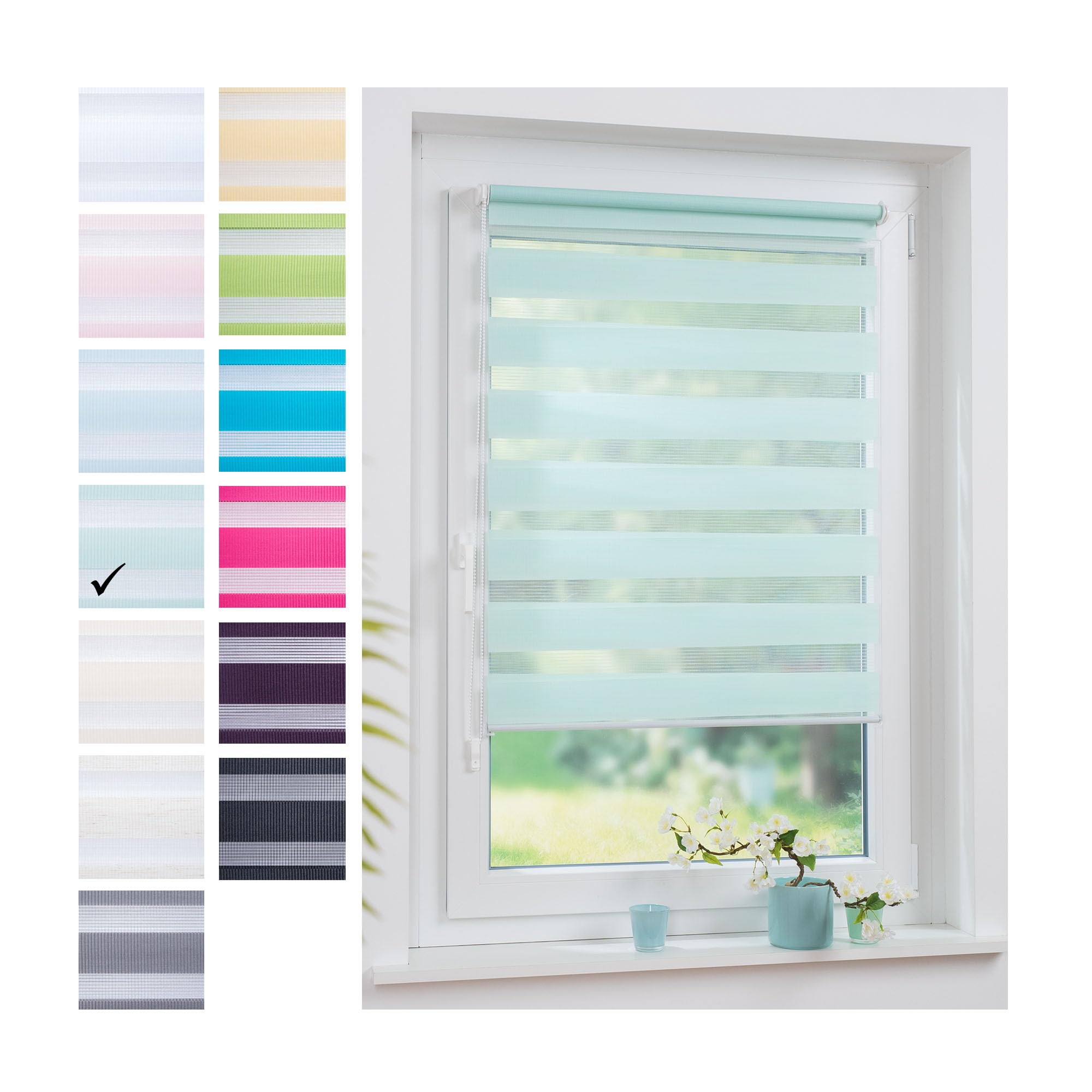 Doppelrollo/Duo Rollo-Lichtdurchlässig & Blickdicht – Montage ohne Bohren – Fensterrollo mit Kettenzug, Breite: 90 cm/Höhe: 160 cm, pastellgrün
