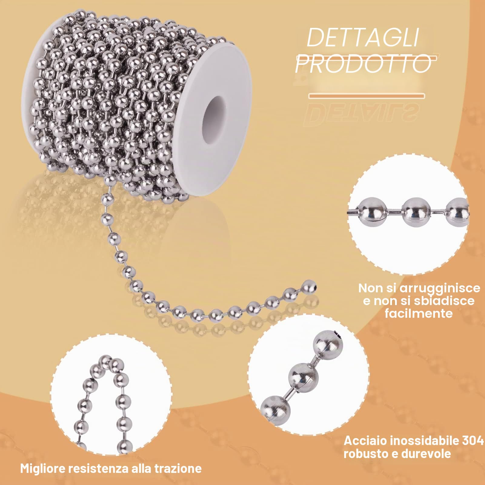 PandaHall - Catena con perline a sfera in acciaio INOX, lunghezza 6 mm, lunghezza regolabile, per realizzare collane fai da te, in acciaio INOX