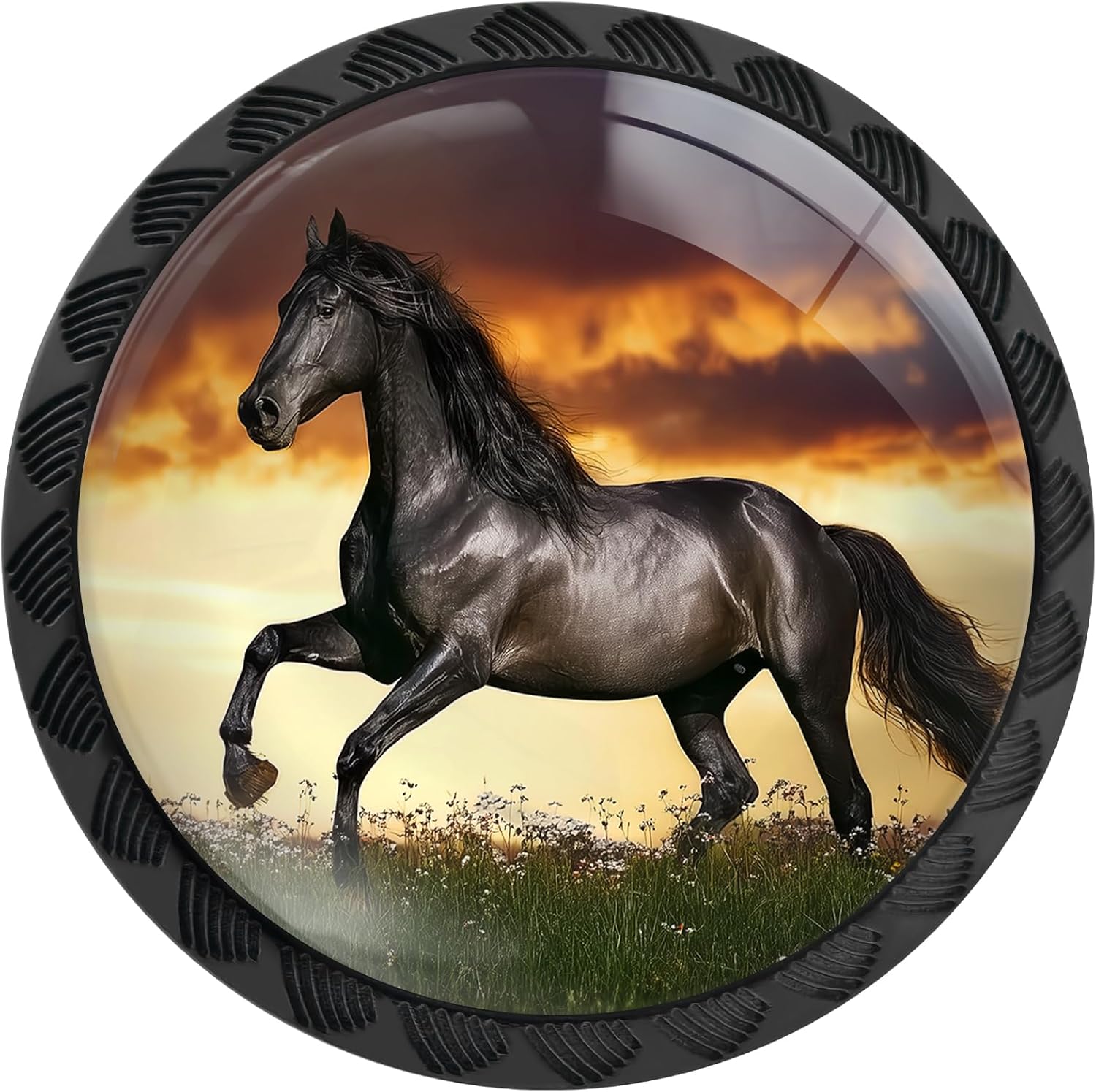 4 Pack Galloping Black Horse Grassland Sunset Cabinet Knobs Round Drawer Pulls Horse Knob Cupboard Door Handles Hardware for Kitchen Bathroom Cabinets