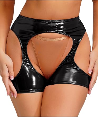 Oyolan Sexy Women Wet Look Patent Leather Hot Pants Hollow Out Bodycon Boxer Shorts for Party Nightwear