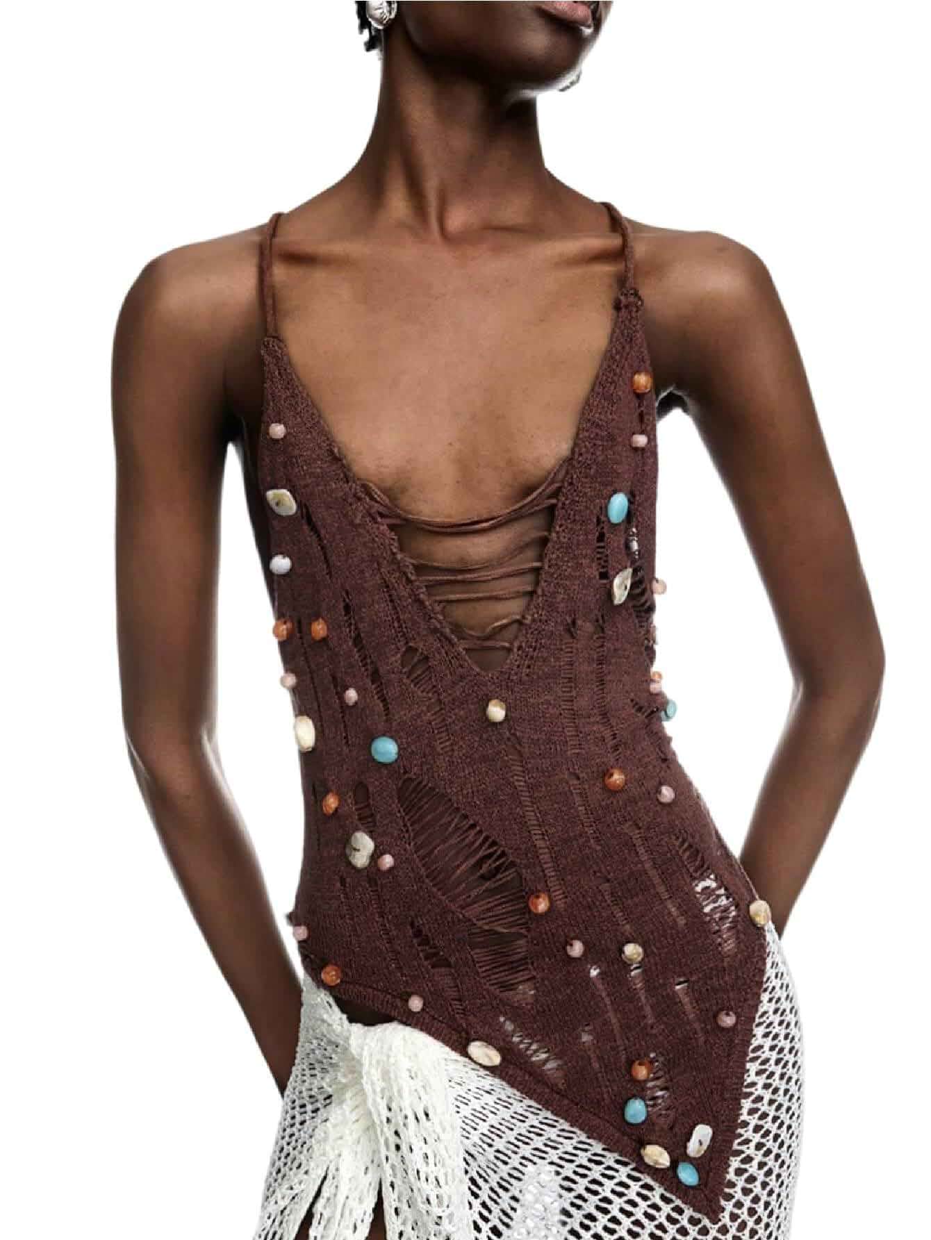 MakeMeChic Women's Open Back Halter Top Crochet Beaded Ripped Summer Boho Tank Tops