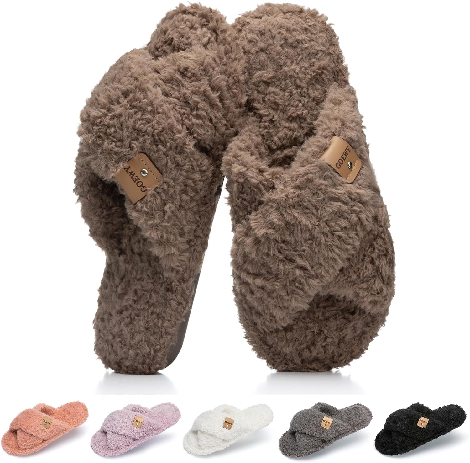 Fuzzy Open Toe Slippers for Women Indoor and Outdoor with Memory Foam Cozy Cross Ba...