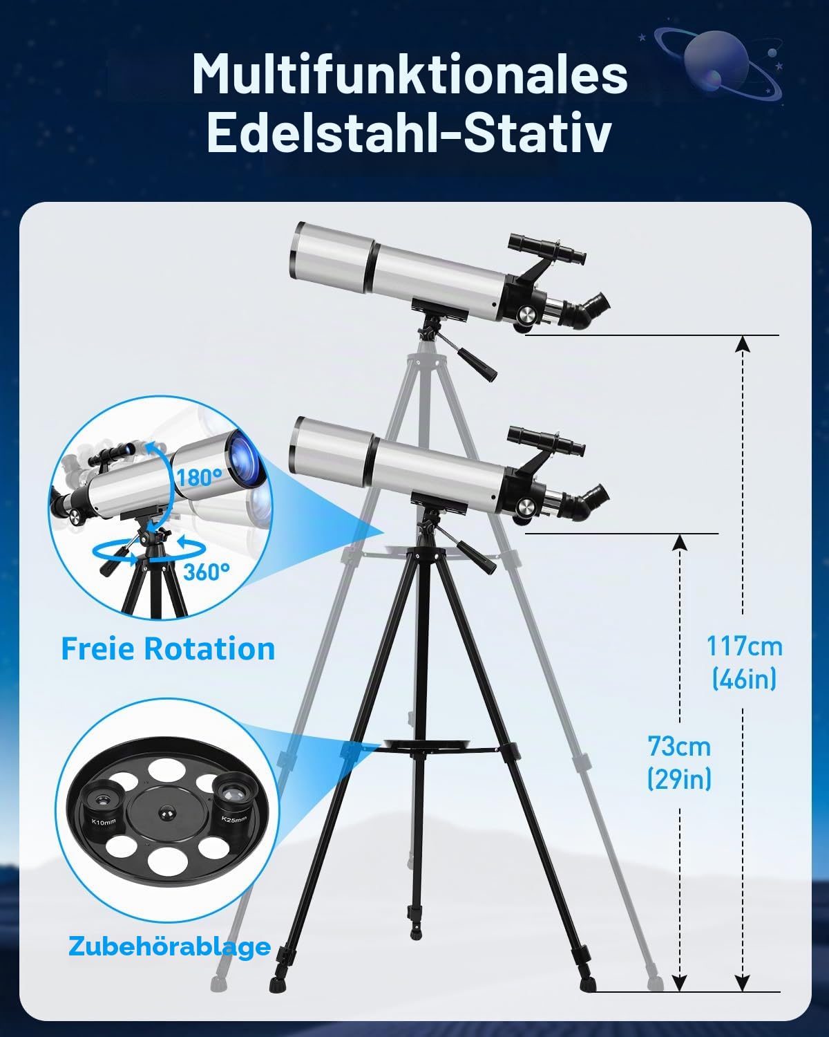 Teleskop Astronomie 90/600mm Refraktor mit Alu-Stativ – 2 Okularen (10mm & 25mm), 3X Barlow-Linse, Smartphone-Adapter & Tragetasche – Ideal für Sterne beobachten, Mond, Planeten & Vogelbeobachtung