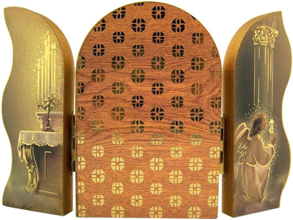 Gold Embossed Our Lady of Fatima Icon Folding Wooden Triptych, 3 1/2 Inch