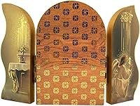 Vista 3 de Tríptico de madera plegable con icono de Nuestra Señora de Fátima en relieve dorado, 3 1/2 pulgadas