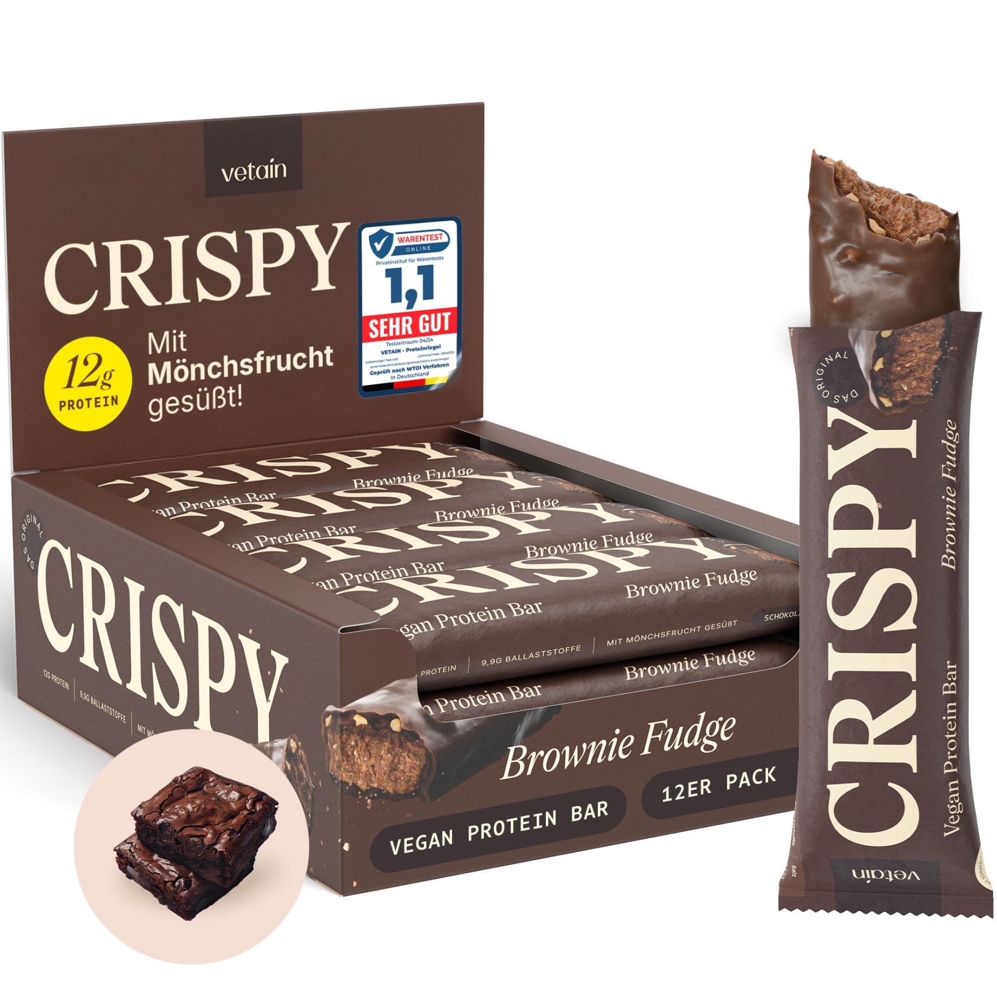 VETAIN Vegan Proteinriegel - Crispy Brownie - 12g Eiweiß pro Riegel - Mit Mönchsfrucht gesüßt - 100% natürliche Zutaten - Ohne Palmöl - Frei von Sucralose & Maltit - 12 x 55g