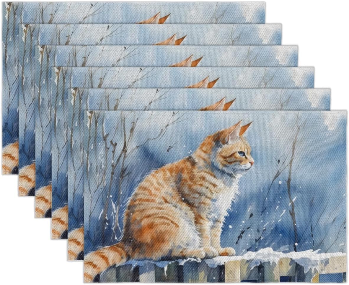 Fence Cat Snow Placemats Set of 6 Fabric Placemats 12x18 Inch Square Placemat for Kitchen Table Heat Resistant, Easy to Clean Table Placemats