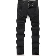 XIMXIMMTIAN Men's Biker Moto Wash Distressed Slim Fit Straight Jean Denim
