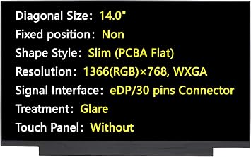 New LCD Screen - Replacement for NT140WHM-N43 V8.0, NT140WHM-N34, NT140WHM-N51 V8.0, 14" 30-pin HD 1366768 Glare Non-Touch LED Display