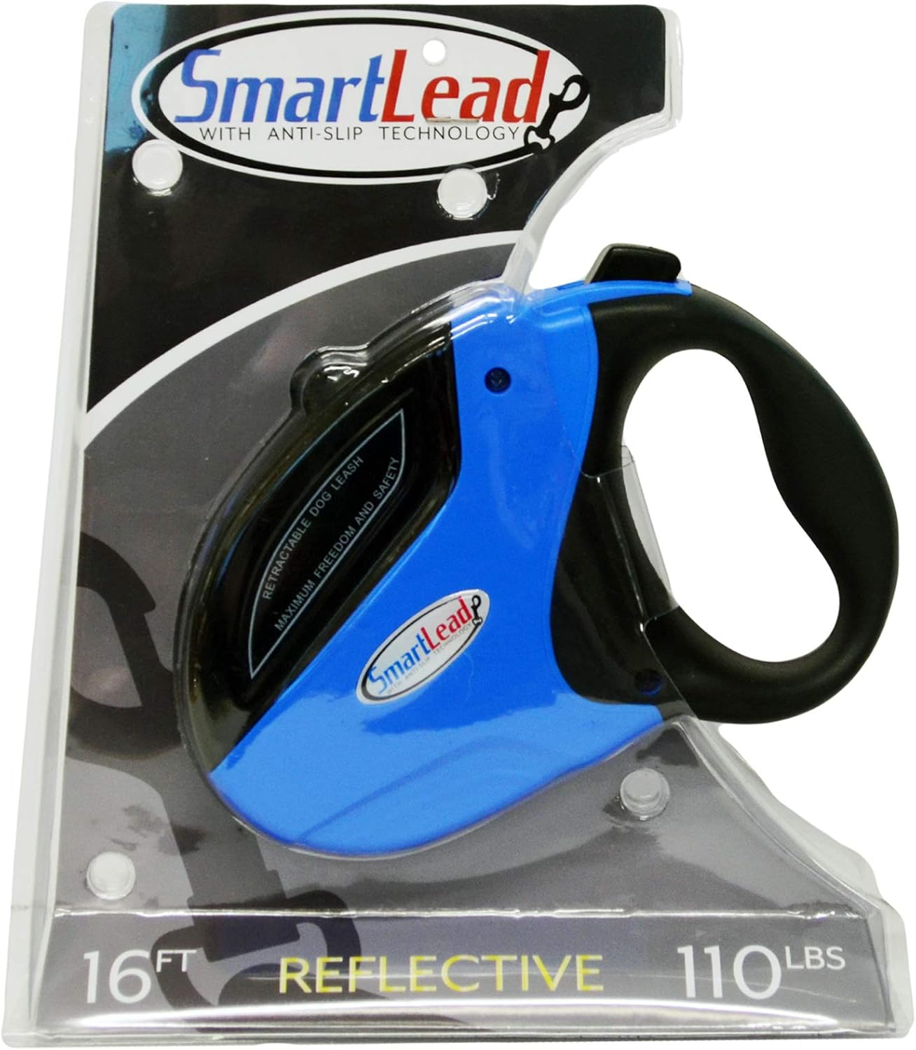 SmartLead Retractable, Reflective, Heavy-Duty 16-Foot Nylon Dog Leash, Tangle Free, Anti-Slip Brake Technology, Easy Grip Handle, Good for Dogs up to 110 Pounds – Blue (RL05BL)