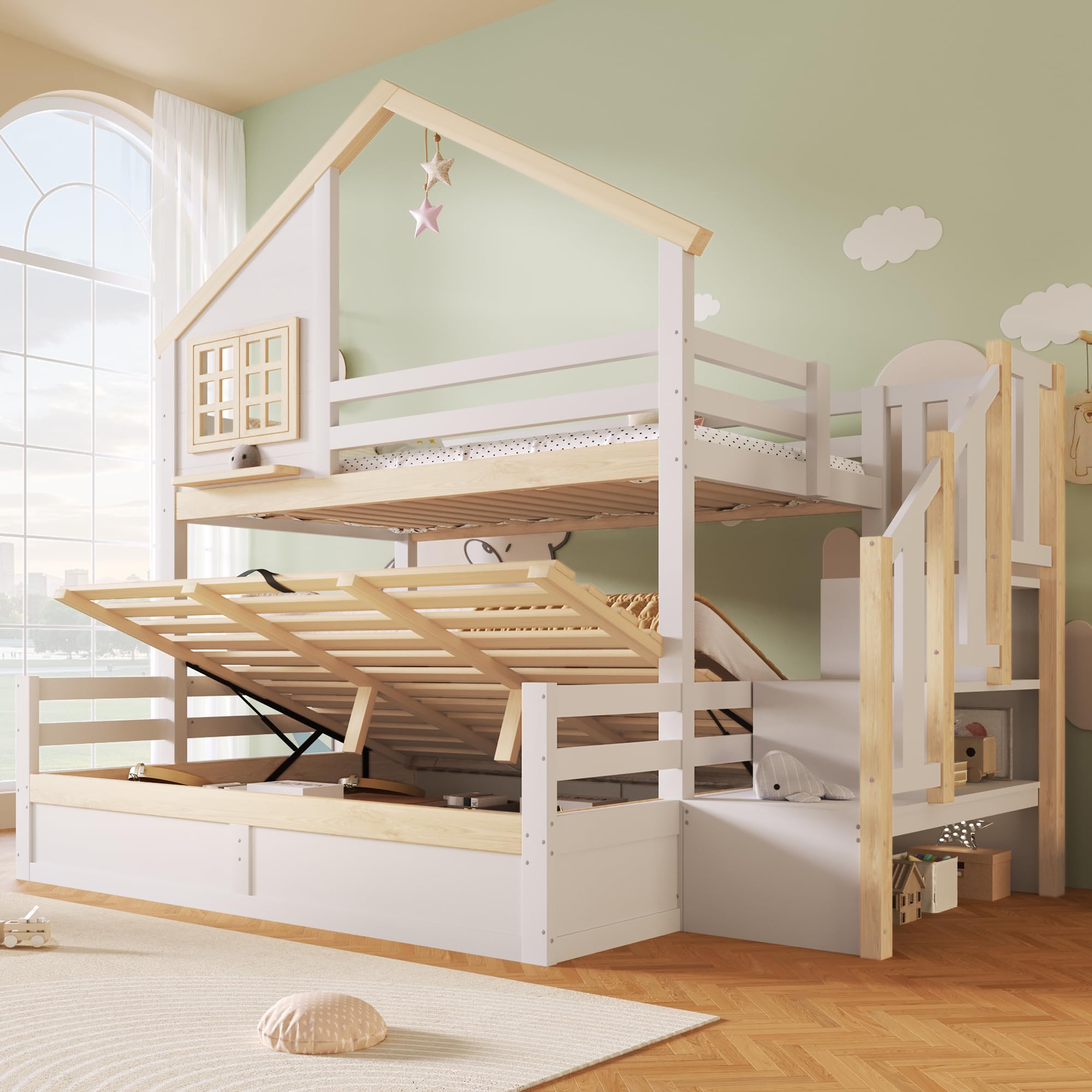 Soweiz Letto a castello, 90 x 200 cm, idraulico, con sponda, vano portaoggetti sotto il letto, decorazione per finestre e casa (bianco + naturale, 140 x 200 cm)