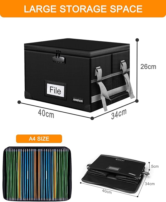 JUNDUN File Box with Lock,Fireproof Document Box with Handle and Zipper,Collapsible File Organiser,Home Office Fire Safe Storage Filing Box for A4 Suspension File Folder
