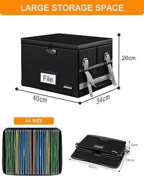 JUNDUN File Box with Lock,Fireproof Document Box with Handle and Zipper,Collapsible File Organiser,Home Office Fire Safe Storage Filing Box for A4 Suspension File Folder
